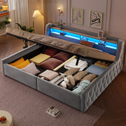 Letto imbottito grigio 140 x 200 cm con vano contenitore e testiera LED