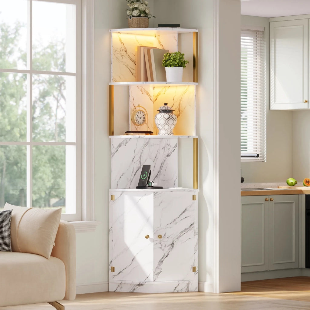 Armadio angolare 38x38x180 cm con illuminazione LED e prese, mobile contenitore a 2 ante per cucina, sala da pranzo e soggiorno