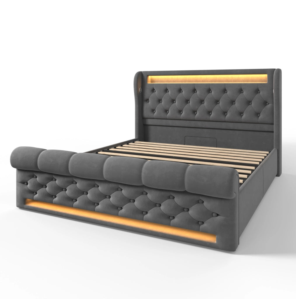 Letto 140x190 cm con contenitore idraulico, LED, USB e USB-C in velluto grigio