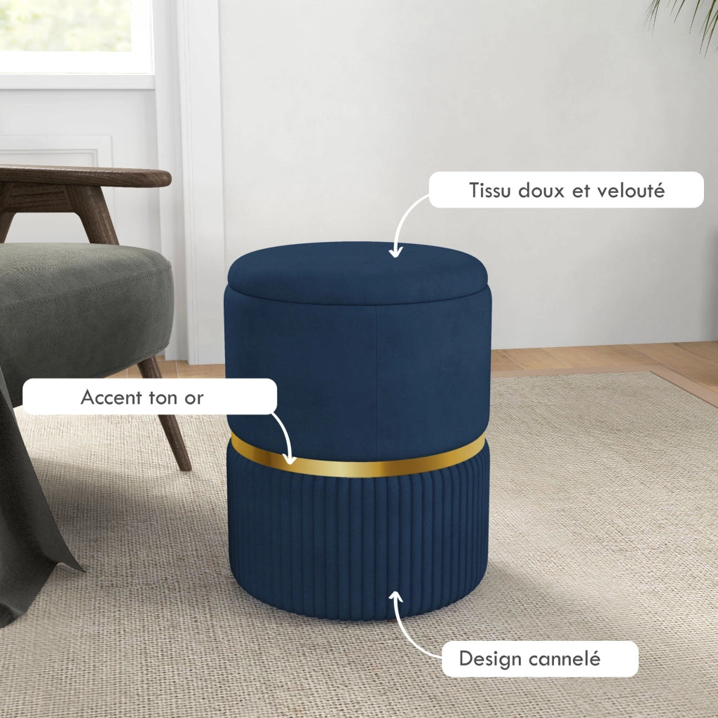 Pouf Contenitore Poggiapiedi Rotondo in Velluto a Coste 36 x 36 x 44 cm Sgabello Salvaspazio per Salotto e Camera Blu