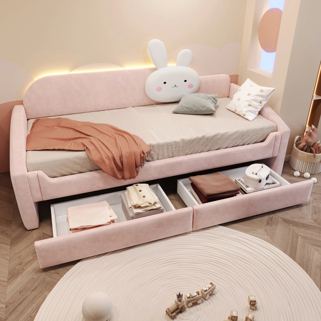 Letto per bambini imbottito 90x200 cm con LED; 2 cassetti; sponde rialzate e velluto rosa