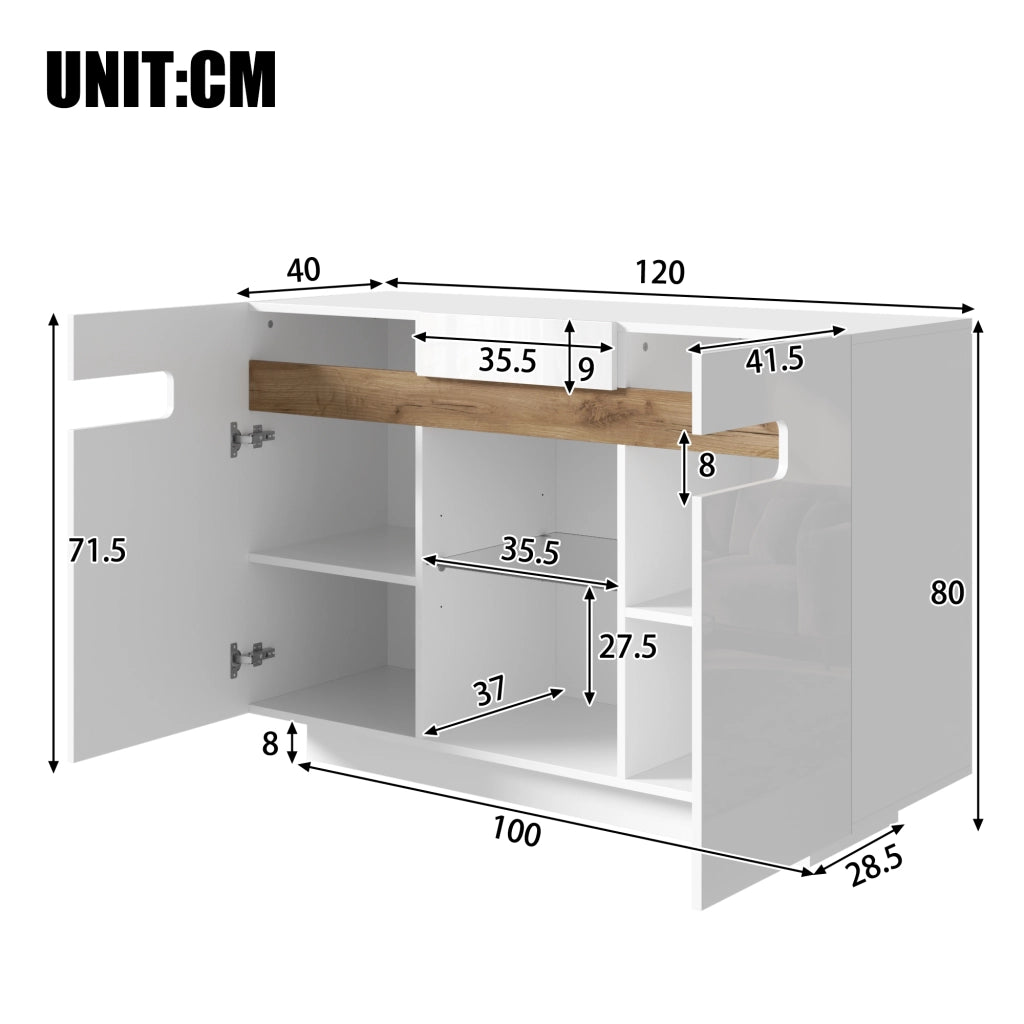 Credenza con 4 vani; 2 ripiani aperti e LED - per soggiorno - 120×40×80 cm - bianco