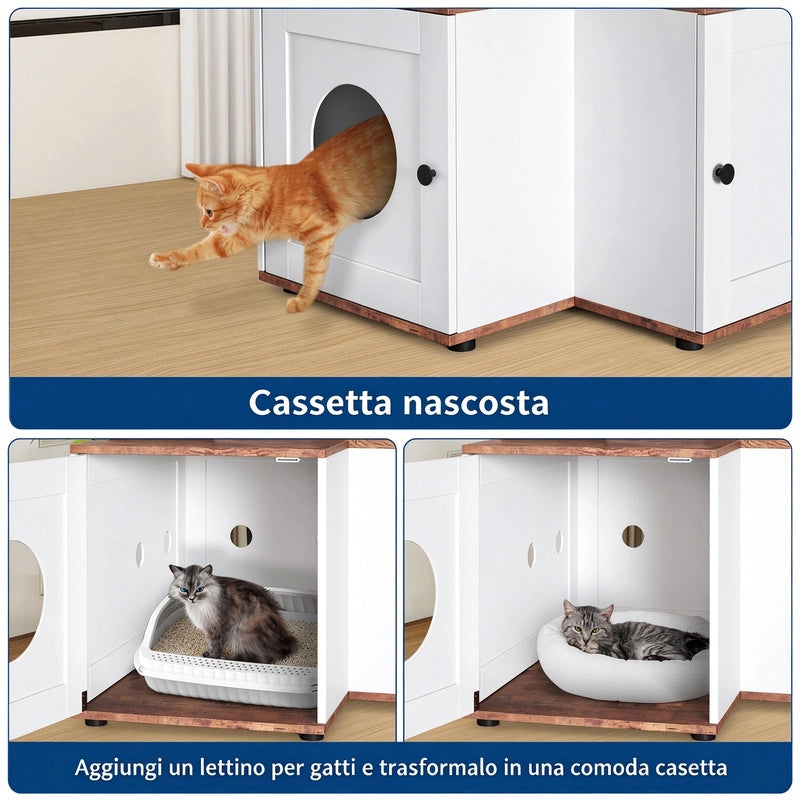 Albero per Gatti in Legno con Lettiera Nascosta e Mobiletto; Bianco