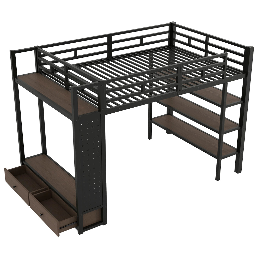 Letto a soppalco 140x200 cm con armadio aperto e LED in MDF e metallo nero