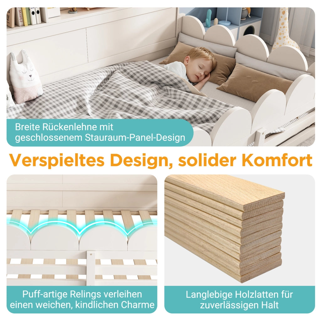 Letto per bambini 140 × 200 cm 2 posti con barriera di sicurezza; porta e mensole; senza materasso; in legno; bianco
