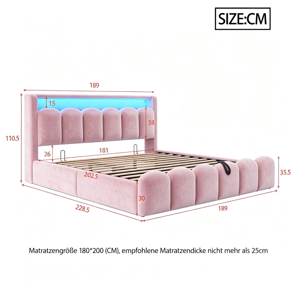 Letto matrimoniale imbottito 180x200 cm con contenitore, LED, USB e Type-C, rosa