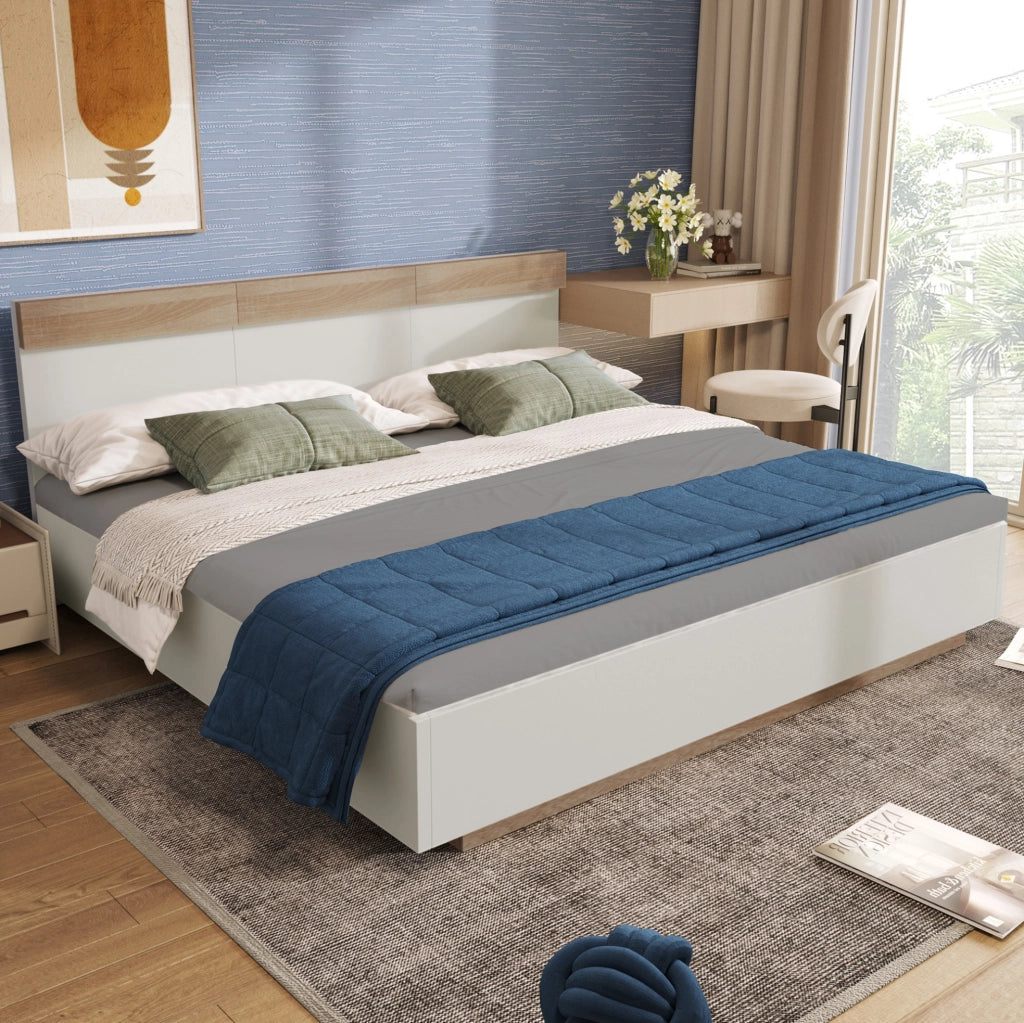 Letto matrimoniale sospeso in legno con testiera, 160x200 cm, colore Sonoma Eiche e bianco