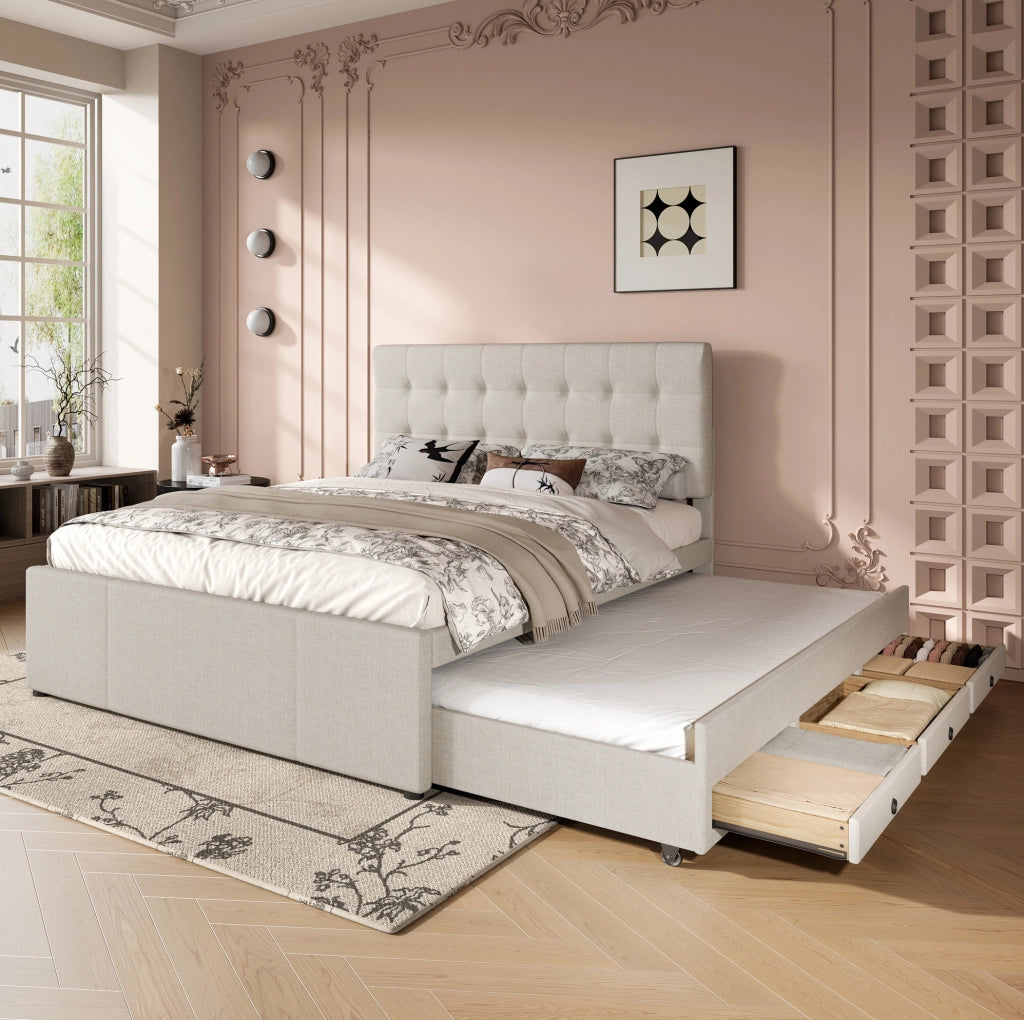 Letto imbottito estraibile 140x200 cm con 3 cassetti e testiera regolabile
