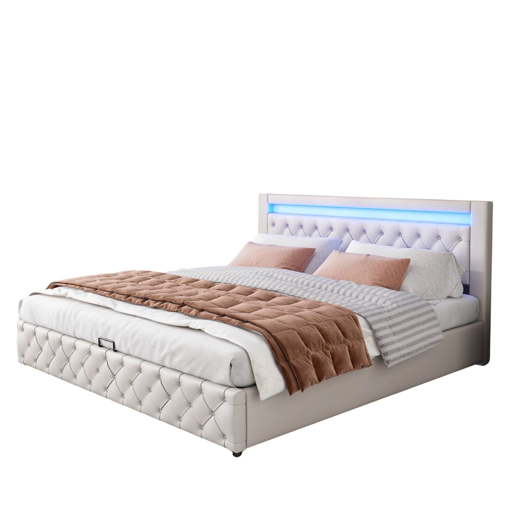 Letto matrimoniale imbottito 160 × 200 cm con contenitore LED in PU bianco rete a doghe e testiera alta