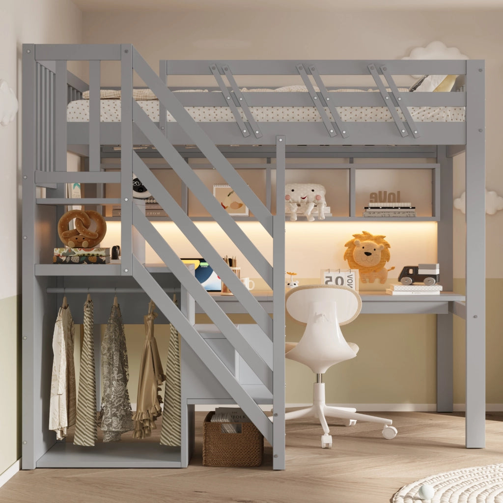 Letto singolo in legno massello 90x200 cm, grigio, con scala contenitore, scrivania, presa USB e luce LED