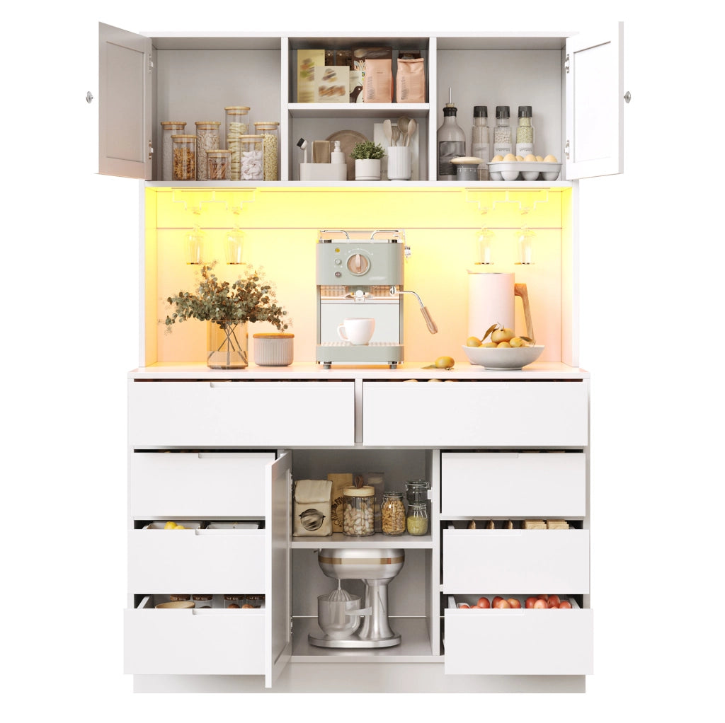 Armadio alto moderno bianco con 8 cassetti, ripiani regolabili e illuminazione LED smart 120×40×183,5 cm