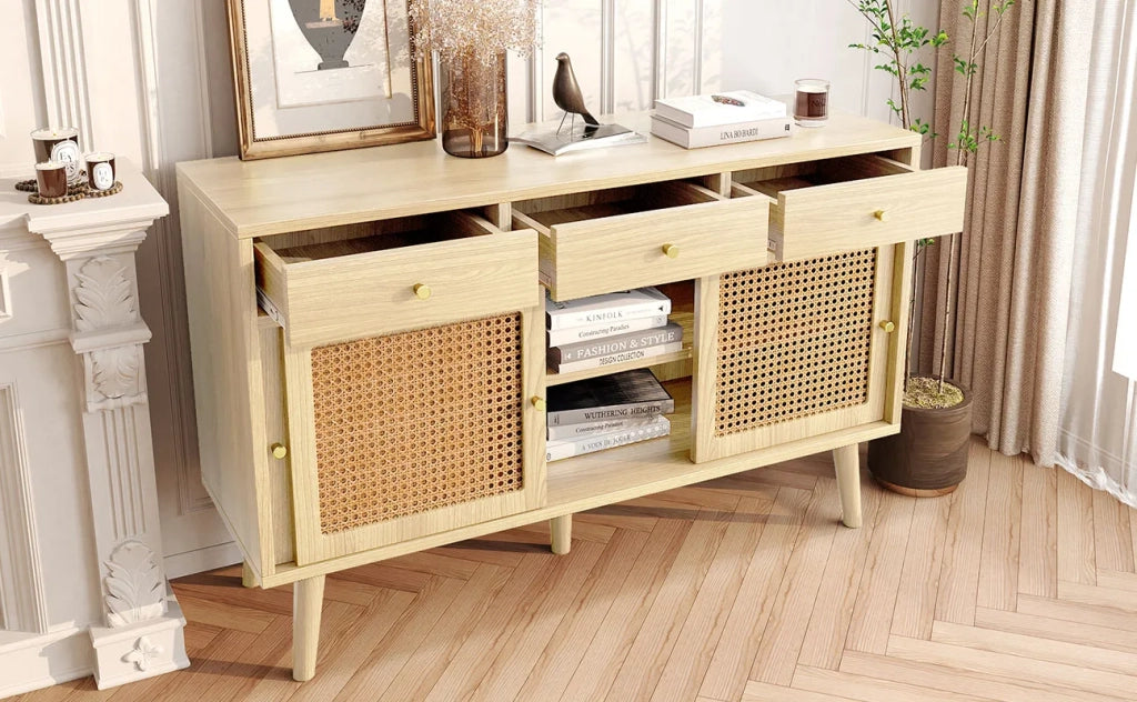 Sideboard con 3 cassetti e 3 ante scorrevoli, intreccio di rattan, gambe in legno massello, maniglie in metallo dorato, ripiani regolabili, rovere, 120x40x78 cm