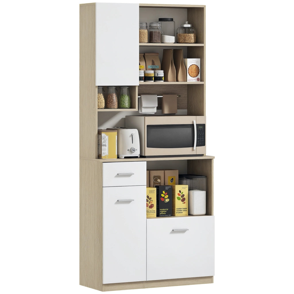 Mobile Dispensa in Legno con Cassetto, 3 Armadietti e 4 Ripiani Aperti, 80x35x180 cm, Bianco