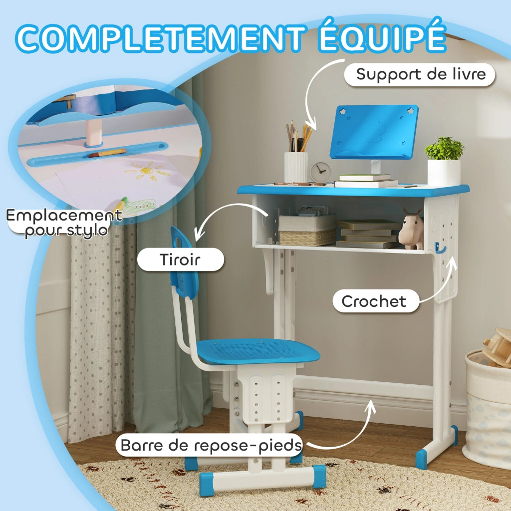 Scrivania e sedia per bambini con leggio portapenne gancio e cassetto 60x45x90-102 cm ¨C Xylo ¨C Blu