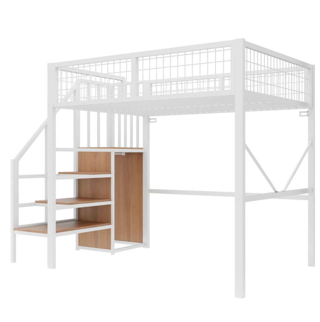 LETTO A Soppalco 140x200 cm Metallo e Legno Bianco con Scala Contenitore LED