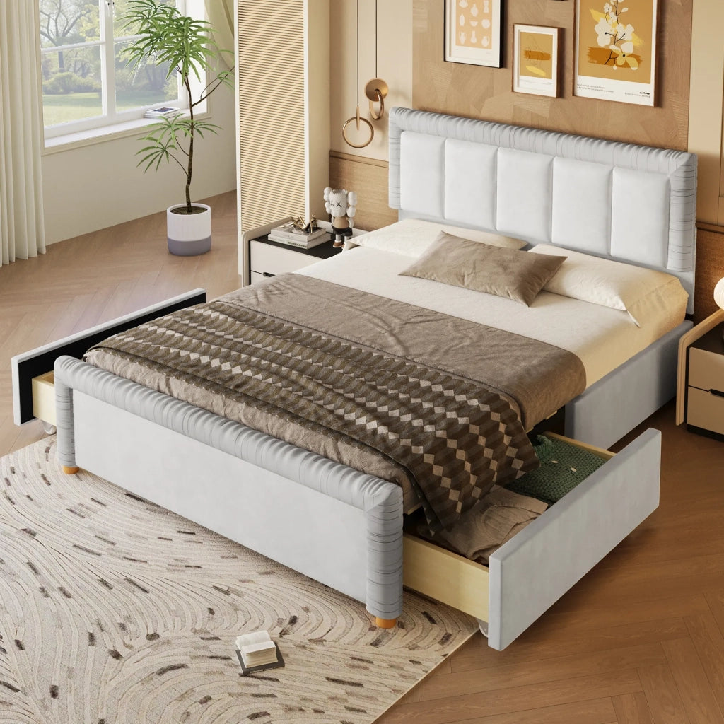 Letto imbottito 140x200 cm in velluto francese grigio, con 2 cassetti