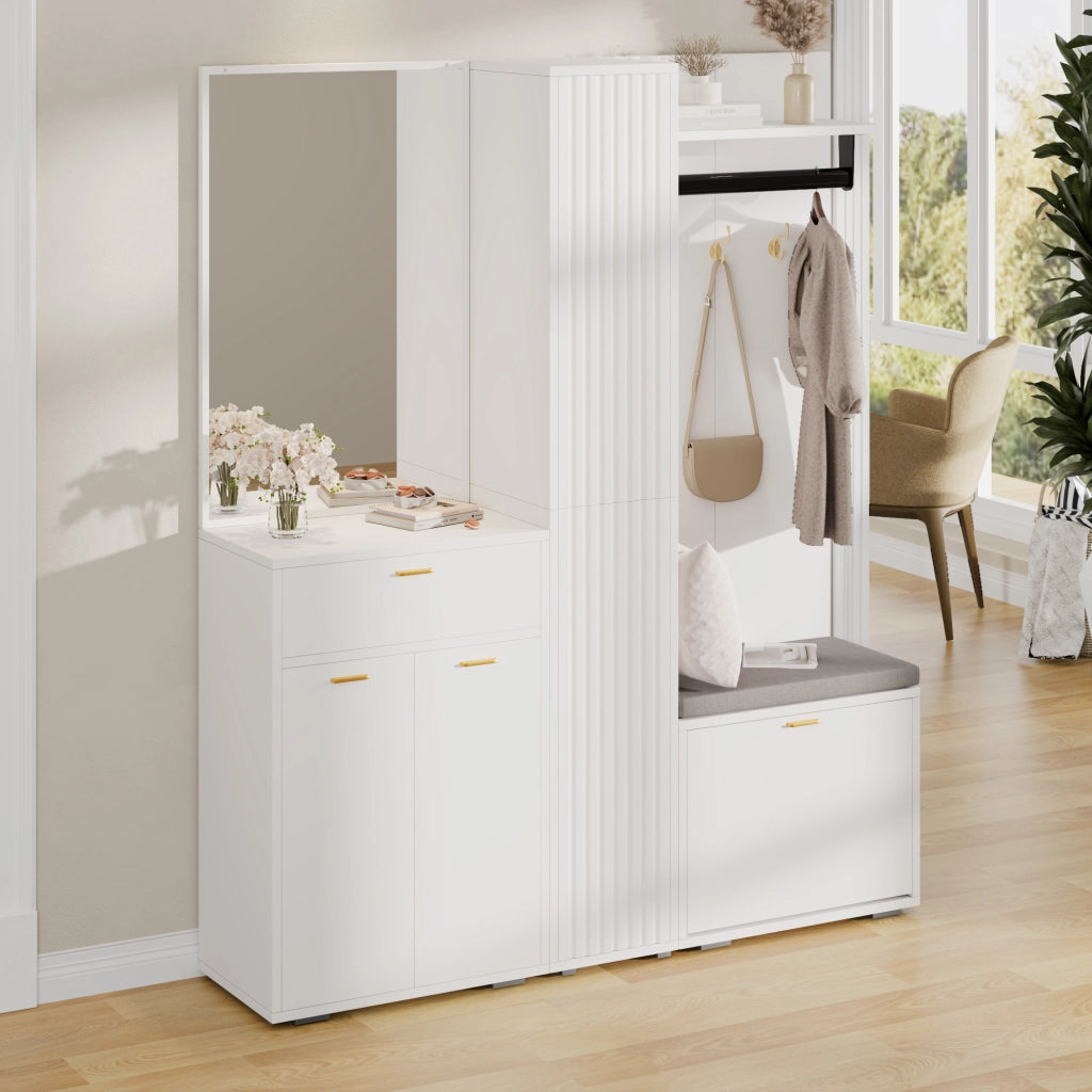Mobile da ingresso con specchio e appendiabiti, 3 ante, scarpiera a ribalta, panca e cassetto, bianco, 150 × 36 × 180 cm