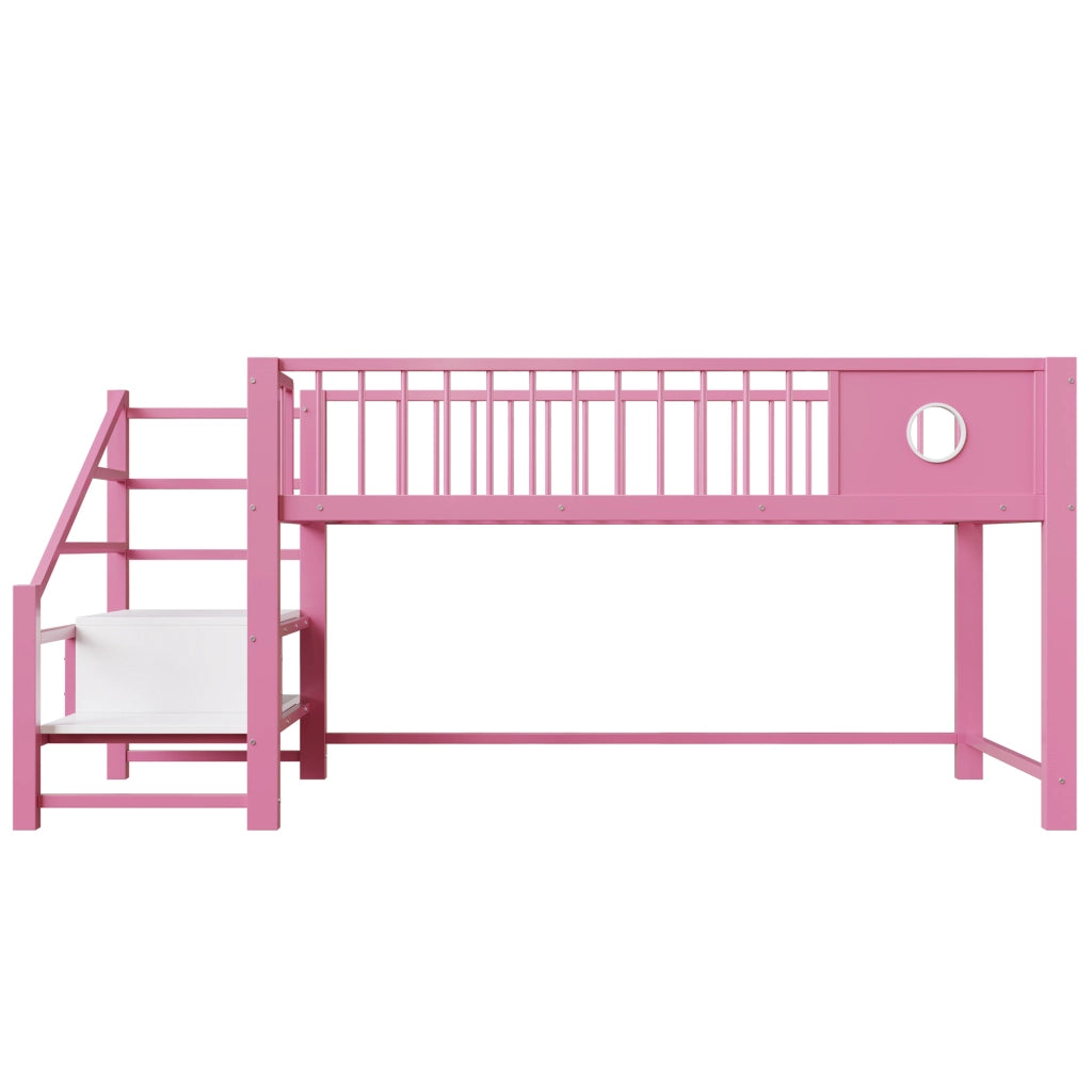 Letto a soppalco 90 × 200 cm con scala contenitore e vano sottoletto in MDF e metallo rosa per bambini e ragazzi