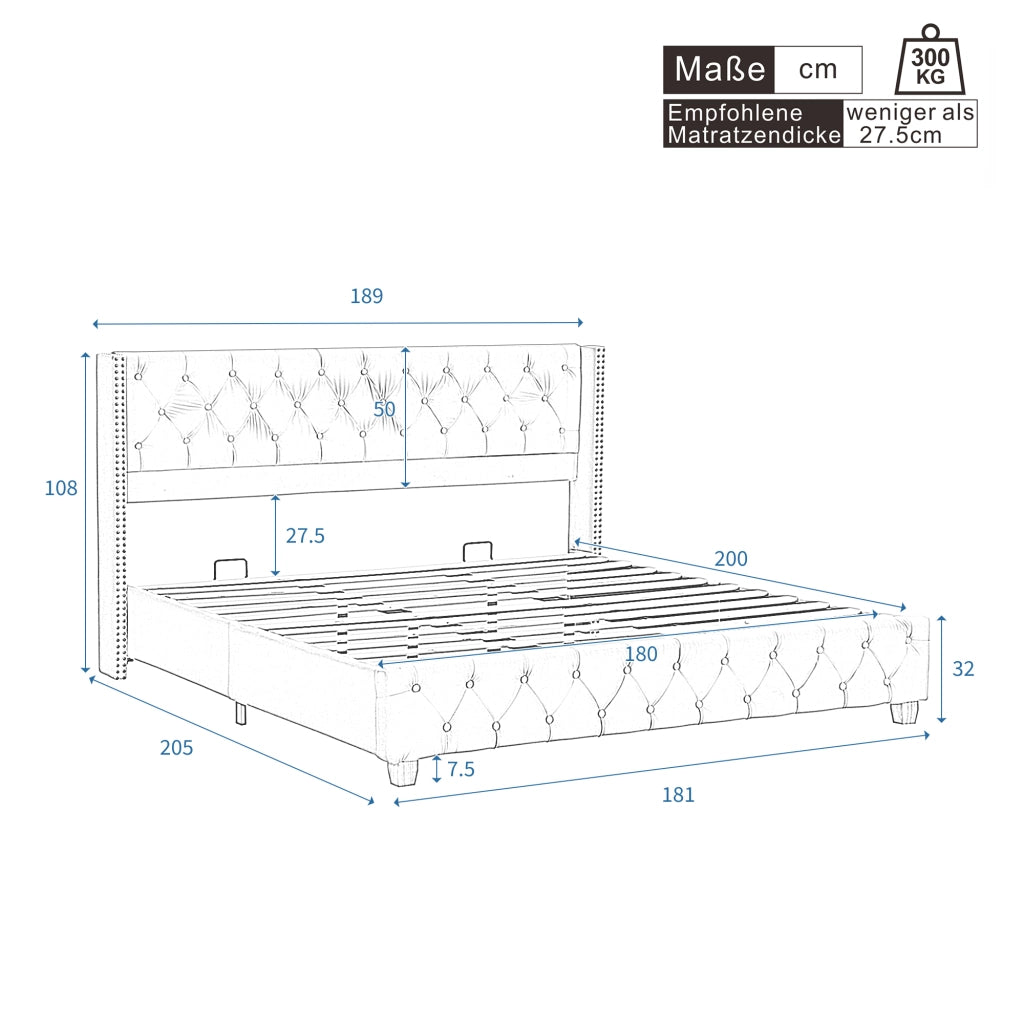 Letto matrimoniale imbottito 180 × 200 cm 2 posti con testiera capitonné; senza materasso; in velluto beige chiaro