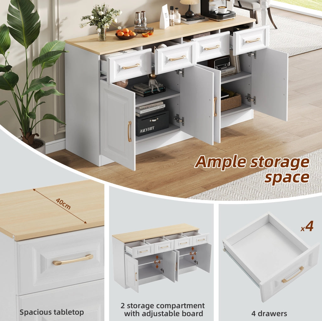 Buffet sideboard 140 cm con 4 cassetti; 4 porte e ripiani regolabili; bianco e rovere