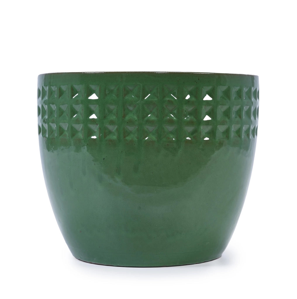 Set di 3 Vasi in Ceramica Artigianali con Foro di Drenaggio Ø 38,1/30,5/22,9 cm, Motivo Verde per Piante da Interno ed Esterno