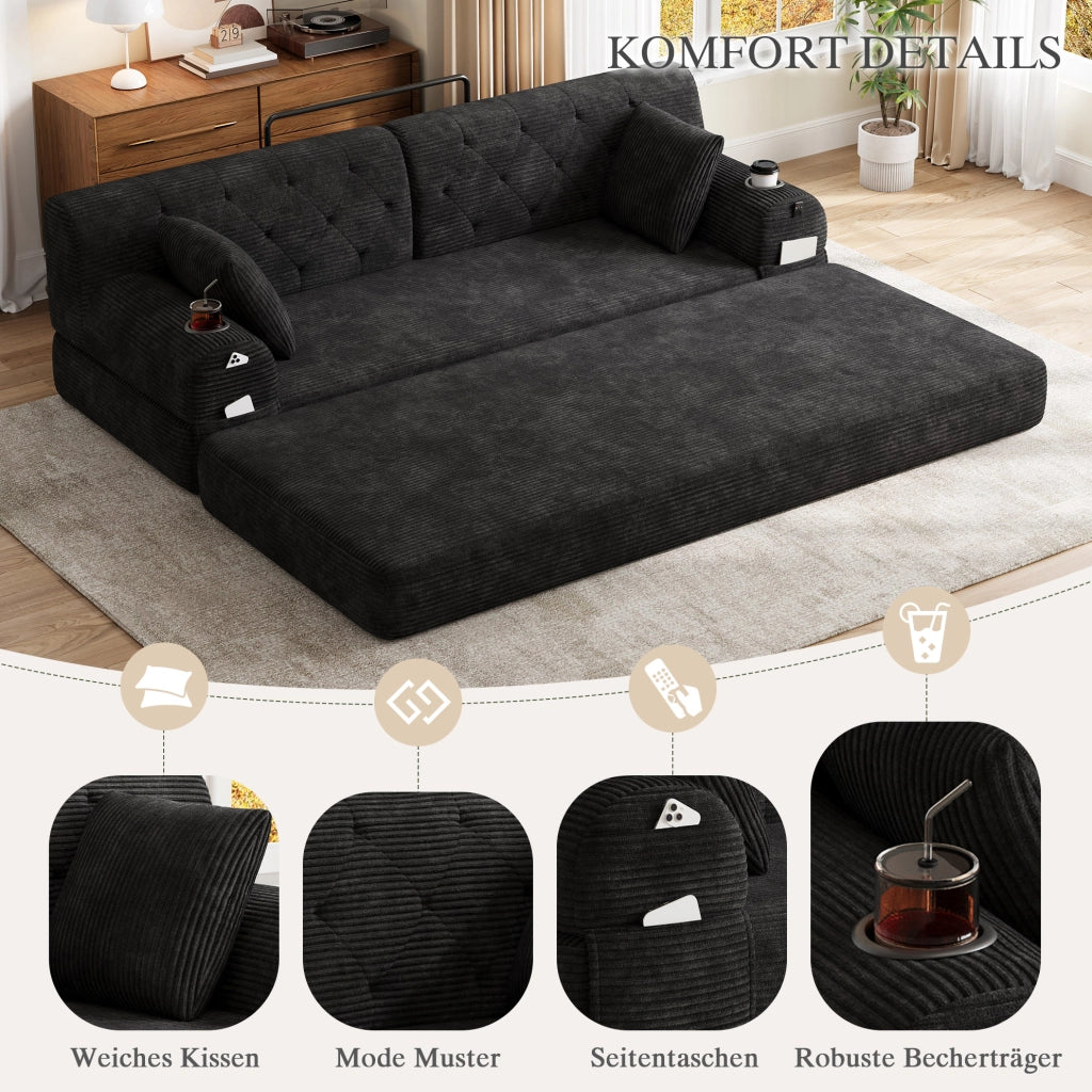 Divano letto 3 posti con rivestimento in velluto a coste, schienale alto, struttura in metallo, 2 portabicchieri e 4 tasche laterali, nero