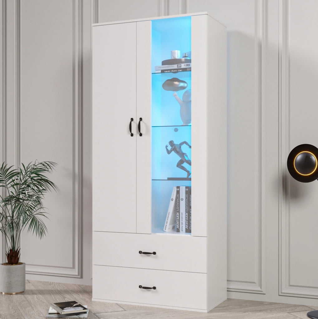 Vetrina libreria LED 59;5x35x182 cm con 2 ante e 2 cassetti in truciolare bianco