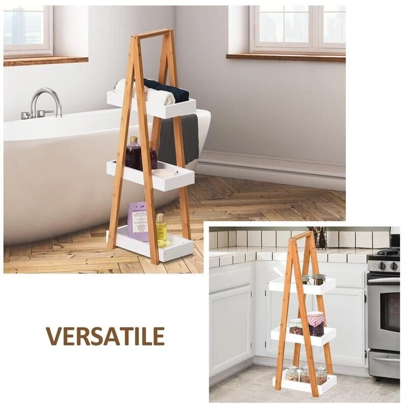 SCAFFALE BAGNO 3 RIPIANI IN MDF E BAMBÙ, 30X18X81CM, COLORE LEGNO E GRIGIO