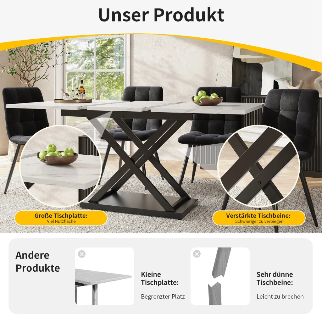 Tavolo da Pranzo Allungabile Telescopico 120-160x80 cm, Piano Bianco Marmorato, Gambe in Ferro Nere a Croce, Salvaspazio per Cucina e Soggiorno