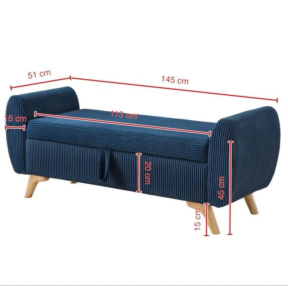 PANCA Contenitore Pieghevole in Velluto a Coste Blu con Gambe in Legno