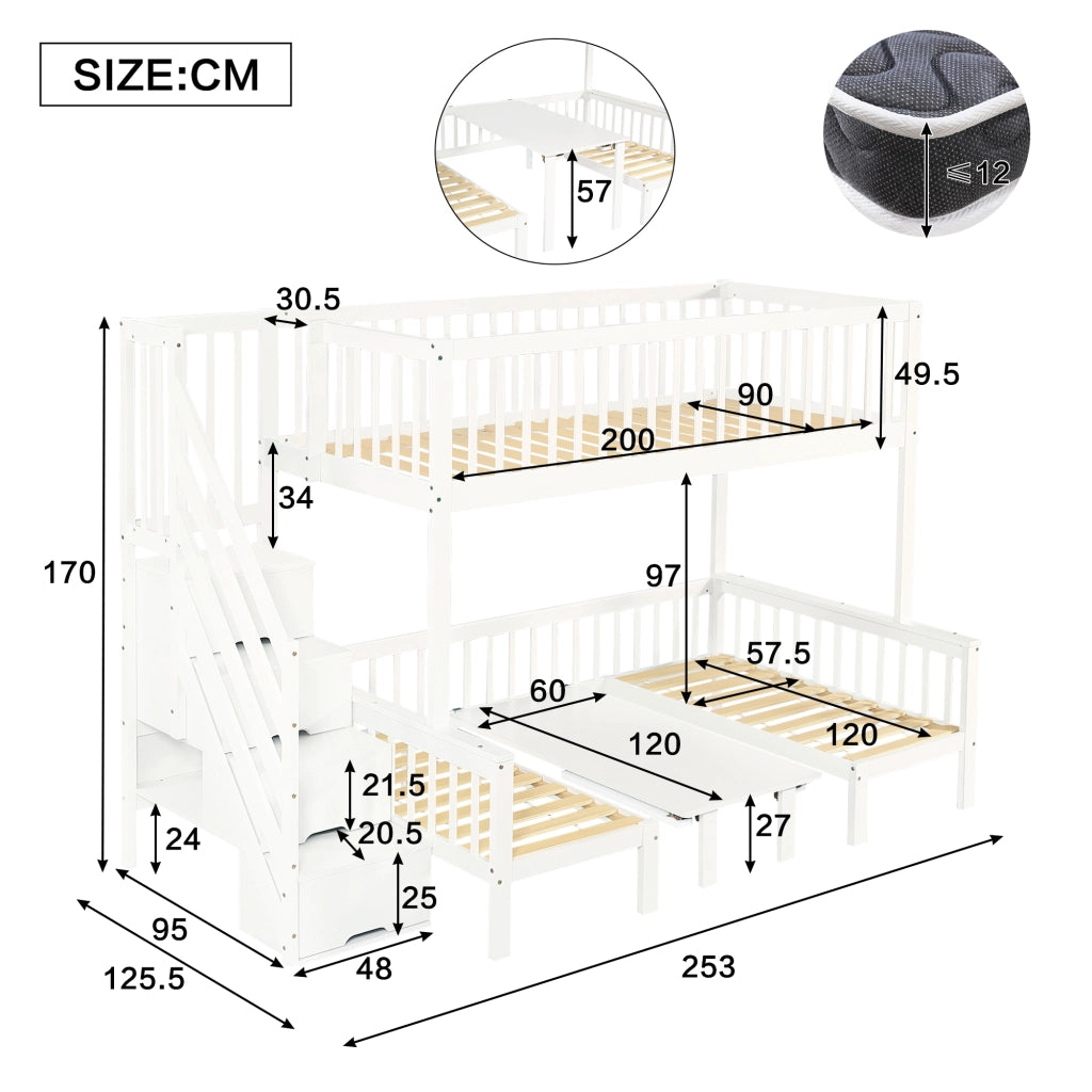 Letto a castello bianco in pino e MDF 90×200 e 120×200 cm con piano ribaltabile letto-scrivania, scala contenitore e sponda