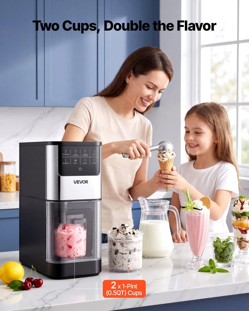 Gelatiera da Banco Elettrica 800W IEM1006-GS Macchina per Gelato 7 in 1 con 2 Coppe da 0,5L per Sorbetti e Dolci Uso Domestico