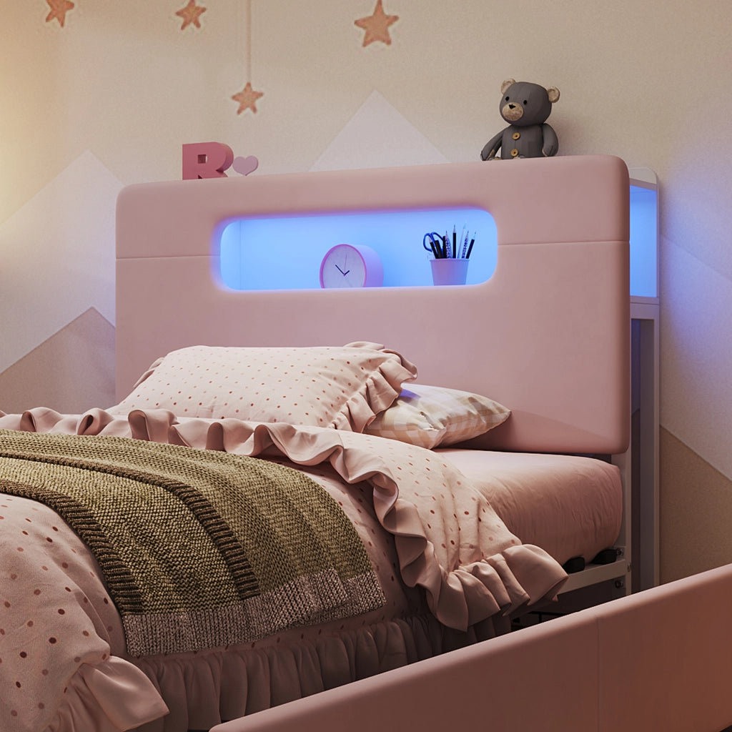 Letto per bambini 90 x 200 cm con 4 cassetti e LED via app, letto singolo in velluto con testiera contenitore, rosa, design moderno