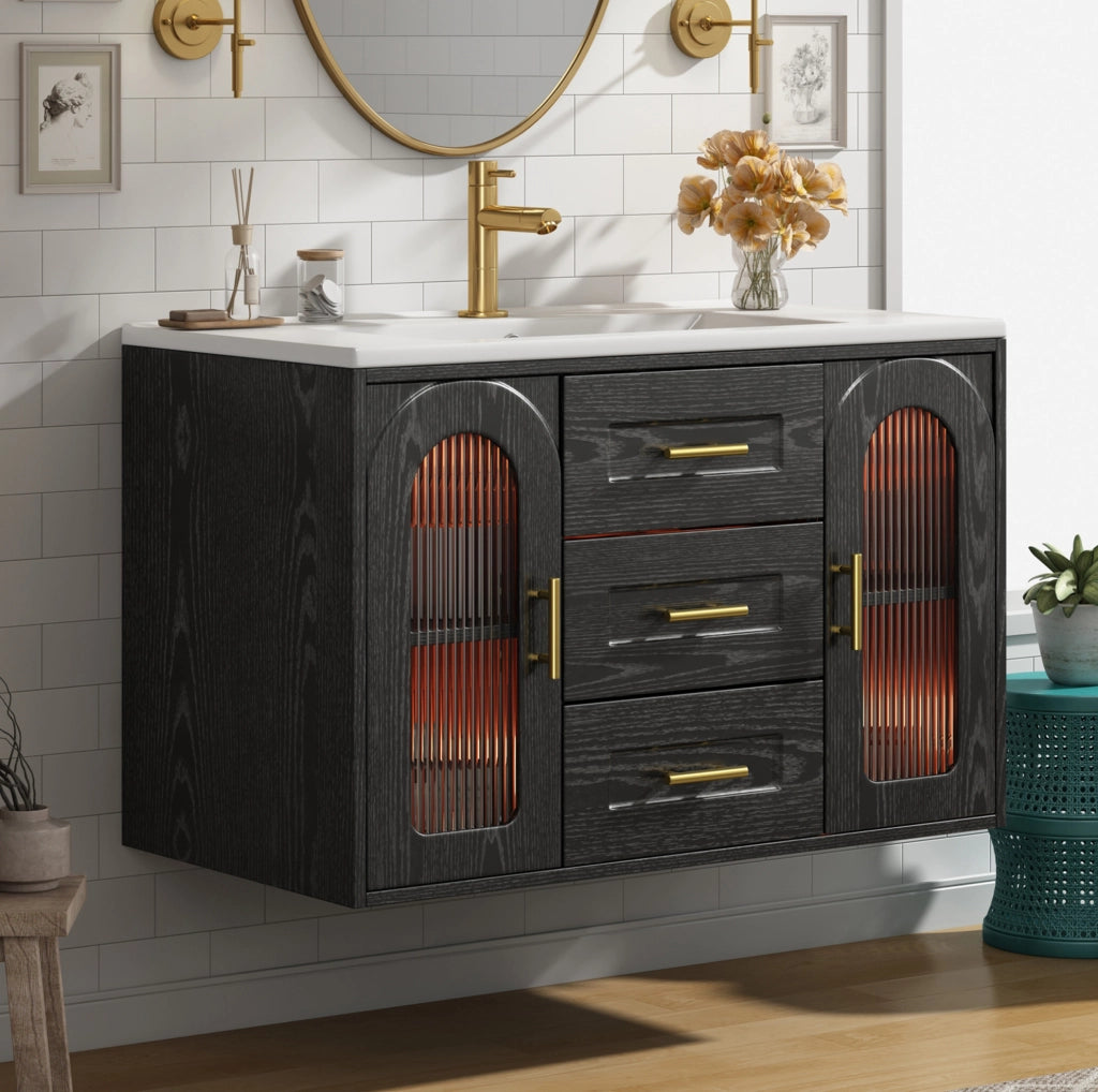 Mobile bagno sospeso 76 cm con lavabo in ceramica, LED, MDF nero e vetro