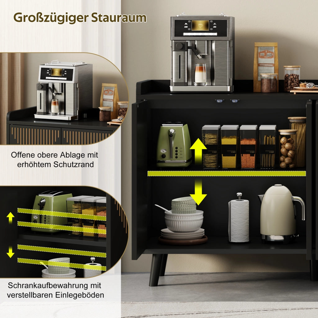 Credenza con 4 ante; ripiani regolabili e vano aperto in MDF nera per soggiorno 140 × 40 × 84 cm