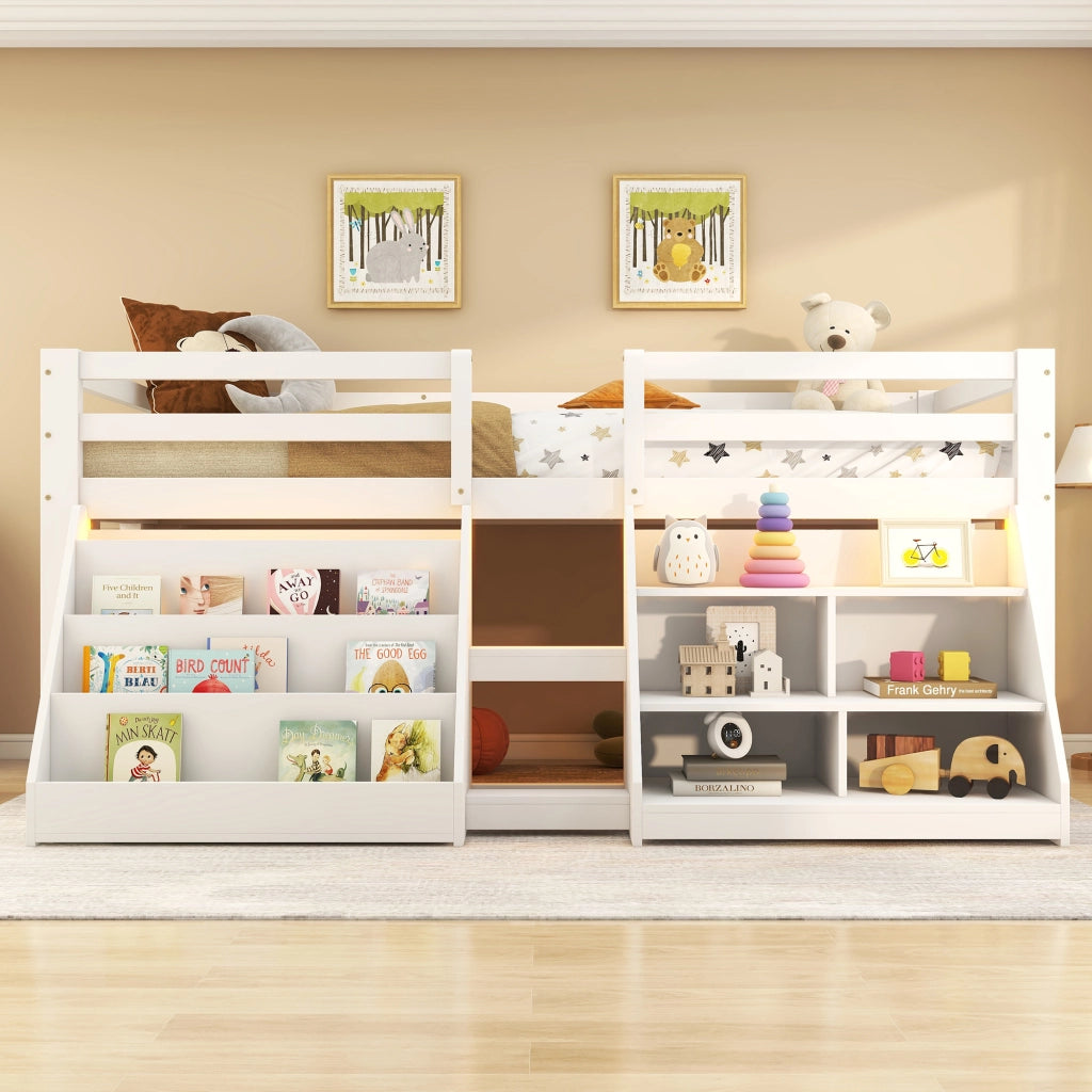 Letto a soppalco 90 ¡Á 200 cm con 4 cassetti scala con ripiani e illuminazione LED bianco