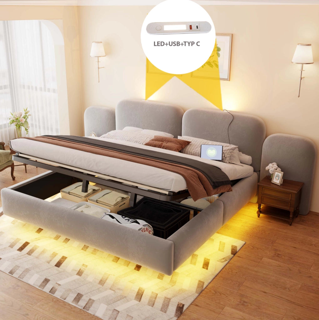 LETTO Imbottito Contenitore 180x200 cm Velluto Grigio con LED e USB