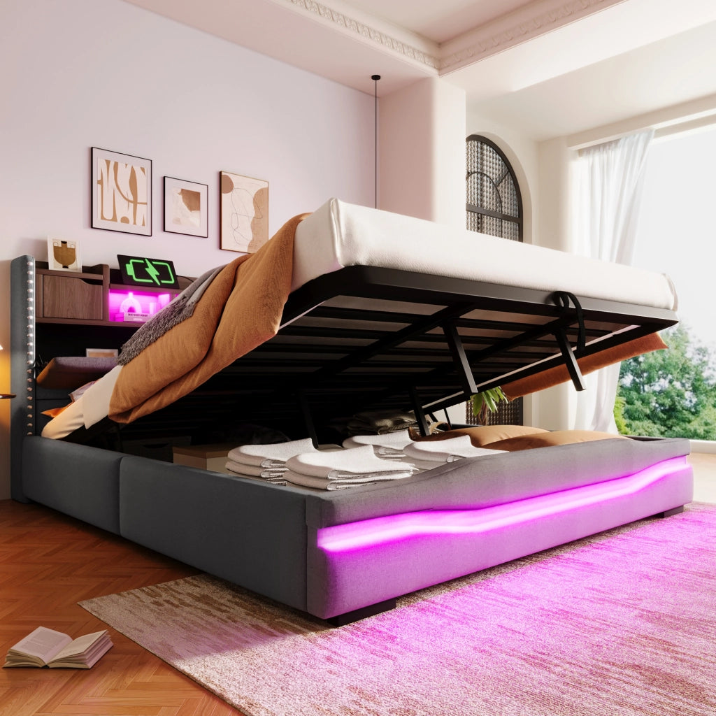Letto imbottito 180x200 cm con contenitore idraulico, LED e USB-C in lino grigio