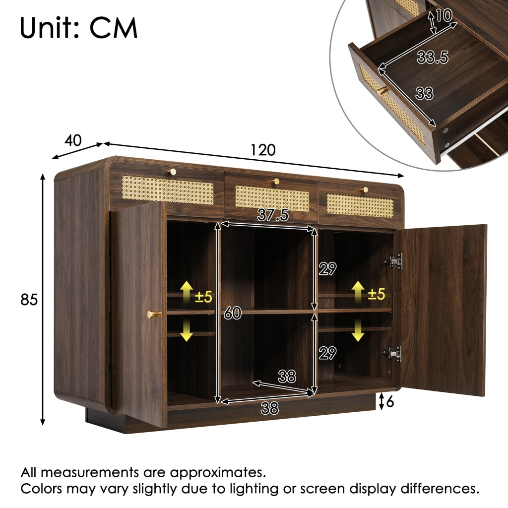 Madia con 3 cassetti; 2 ante e vano aperto; ripiani regolabili; per soggiorno; in MDF; effetto noce; 120 × 40 × 85 cm