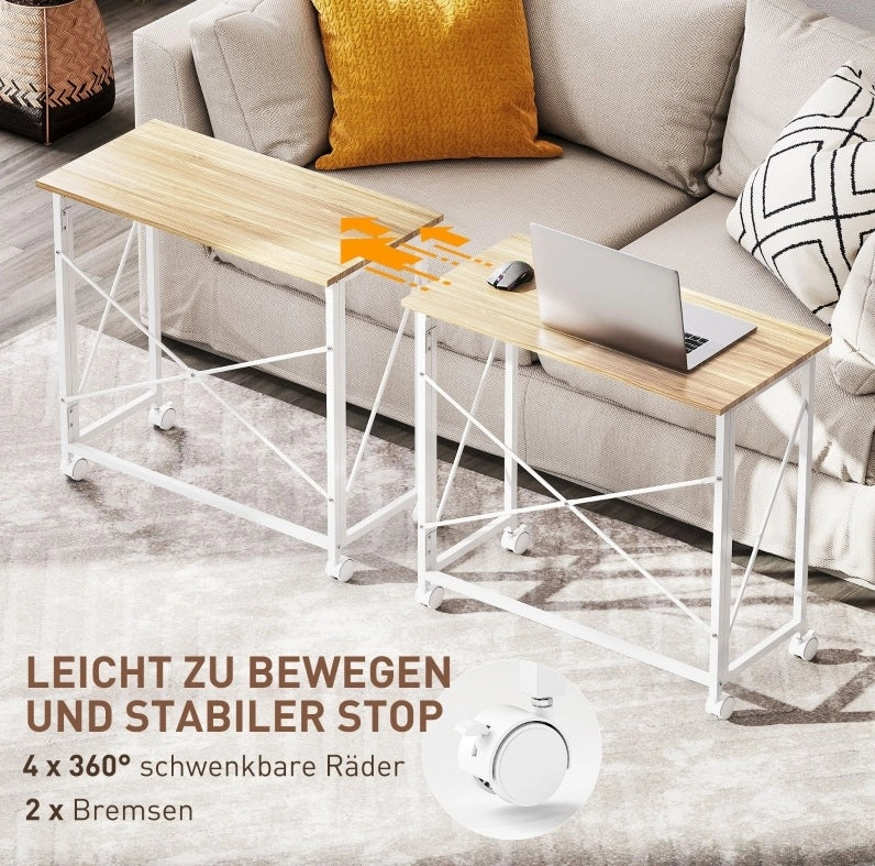Scrivania pieghevole con ruote in acciaio e MDF, salvaspazio, 80x40x75 cm, color naturale