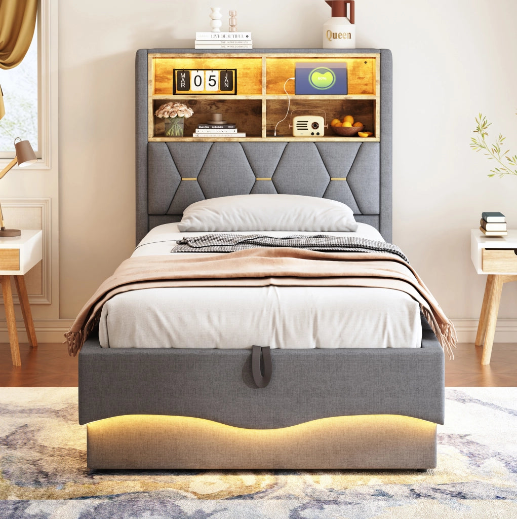 Letto per bambini e ragazzi 90x200 cm con LED, USB e contenitore, grigio in lino