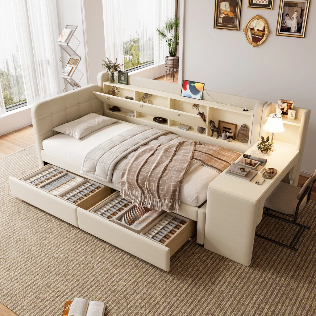 Letto giorno funzionale in lino beige 90x200 cm