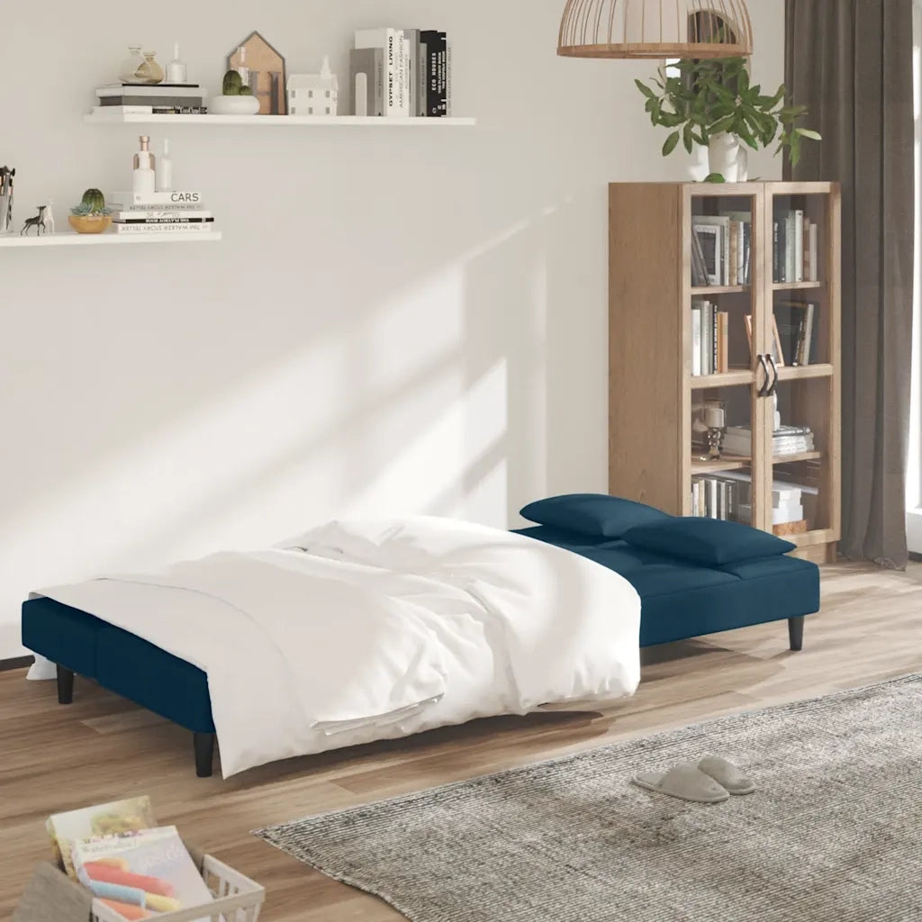 Divano Letto a 2 Posti con 2 Cuscini Blu in Velluto 375806