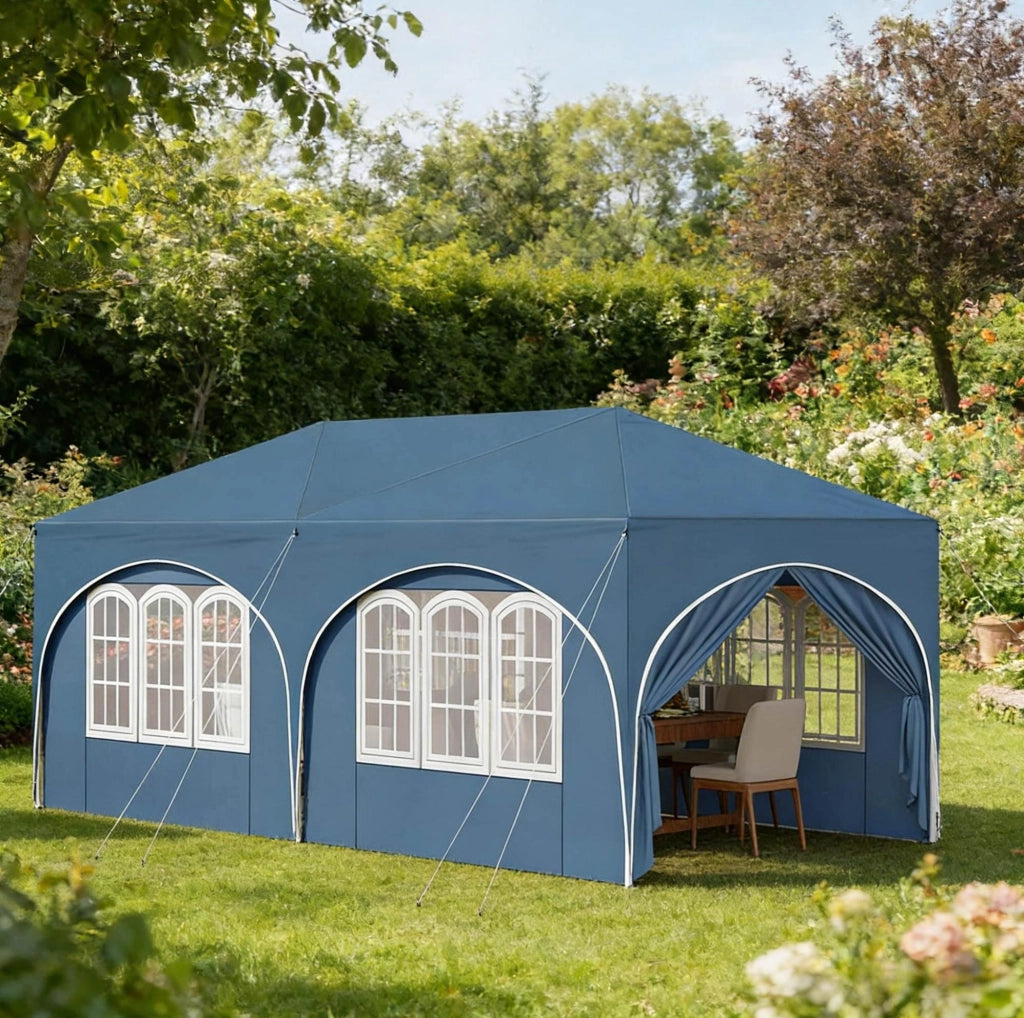 Gazebo pieghevole 3 x 6 m blu con 6 pareti laterali