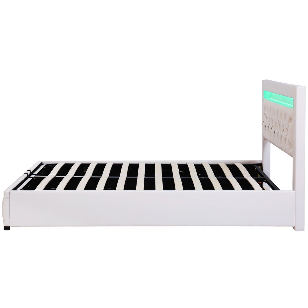 Letto matrimoniale imbottito 140x200 cm con rete a doghe; contenitore e LED; bianco in PU