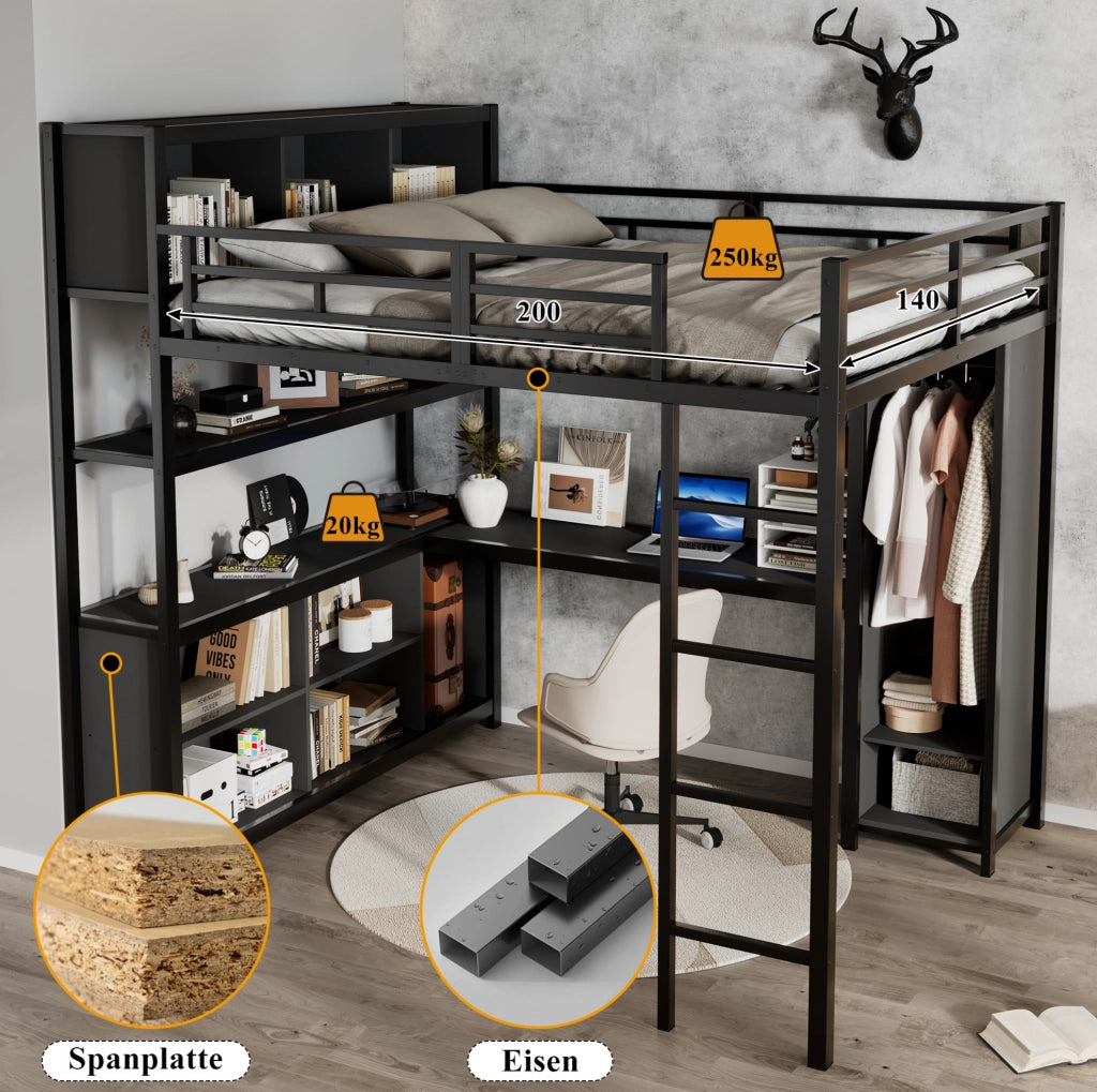 Letto a soppalco 140x200 cm con scrivania; armadio e vani contenitore in metallo e legno; nero