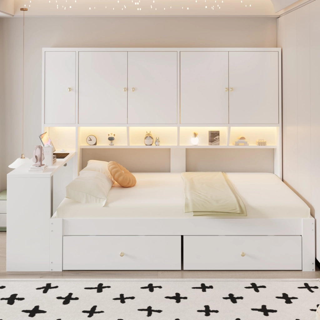 Letto con cassetti 90 × 200 cm con scrivania integrata armadi ripiani LED prese rete a doghe struttura in MDF bianco
