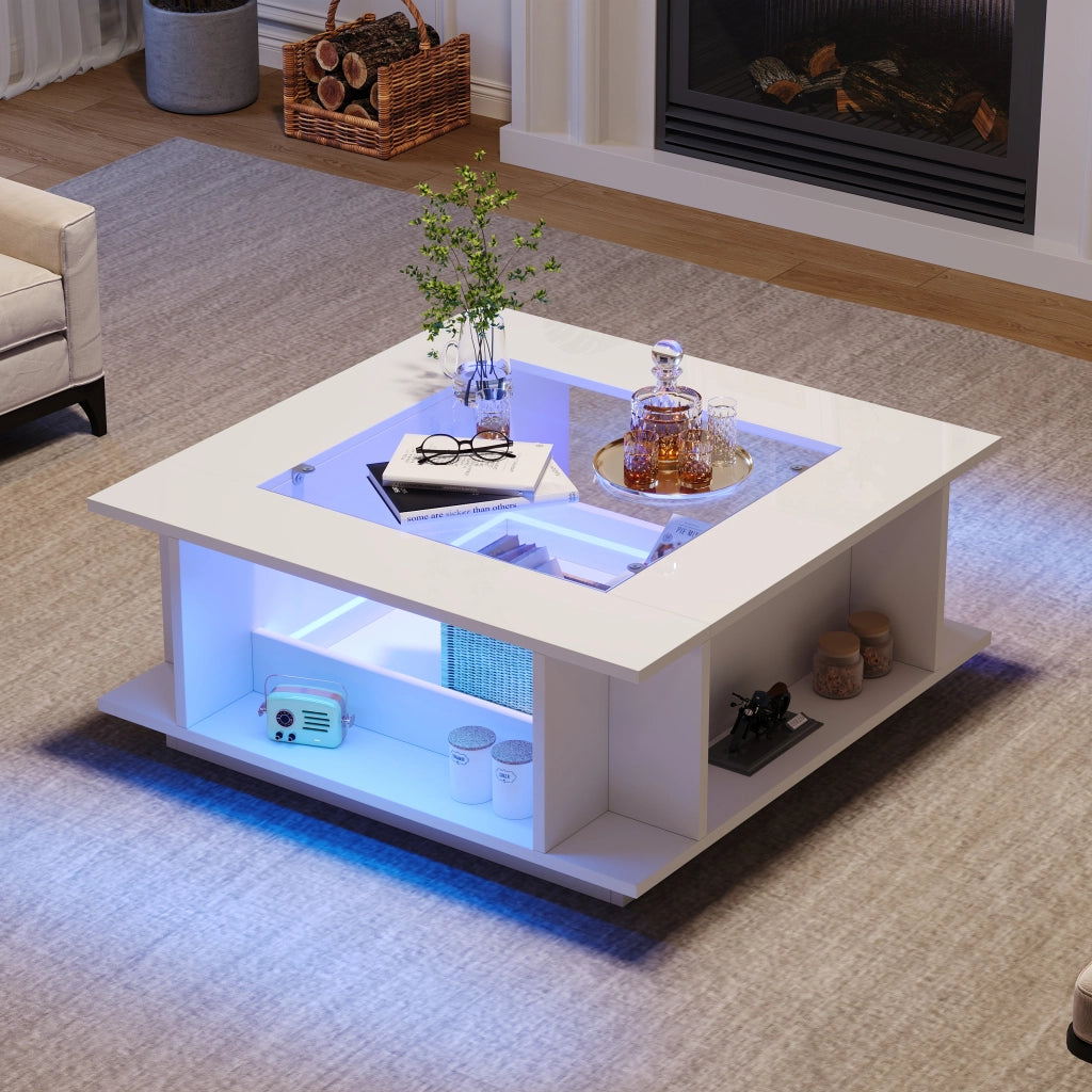Tavolino basso fisso quadrato con LED e vano portaoggetti in pannello di particelle bianco 70 × 70 × 30 cm