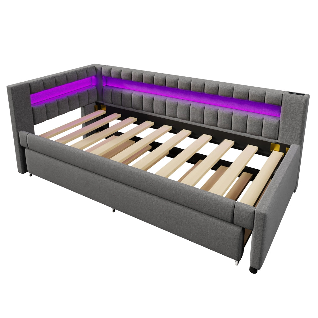 Letto estraibile 2 posti 90 x 200 e 90 x 190 cm con LED via app e USB/USB-C, divano letto in lino grigio con struttura MDF salvaspazio