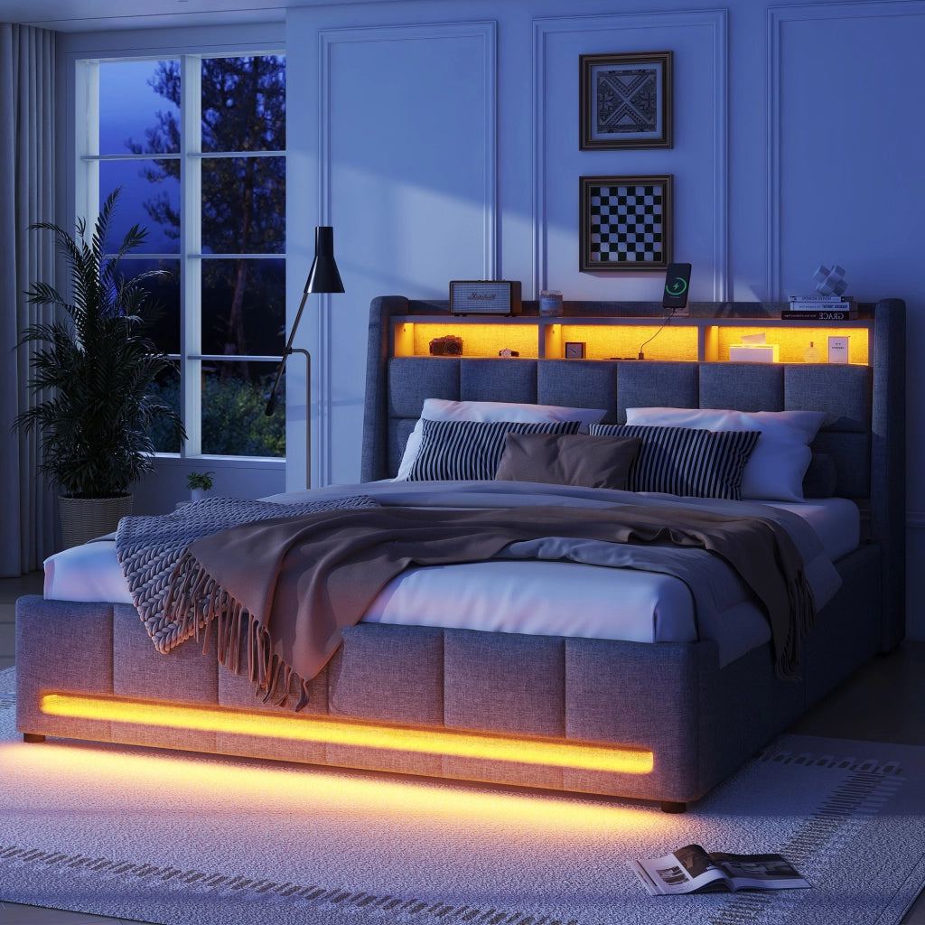 DESMIU Letto Matrimoniale Imbottito 140 × 200 cm con LED, USB, 2 Cassetti e Vano, senza materasso, Grigio